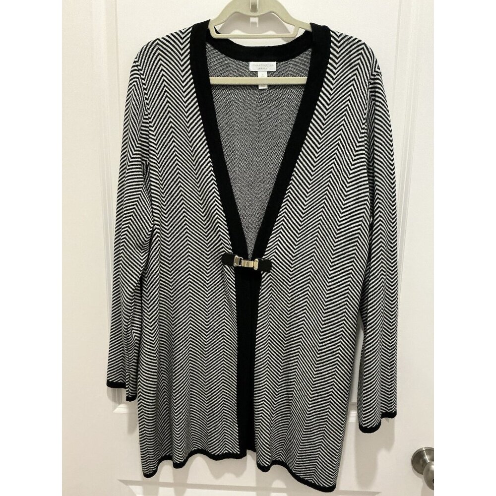 Charter Club Cardigan 1X Ladies Black White Herring Bone One Clip Closure